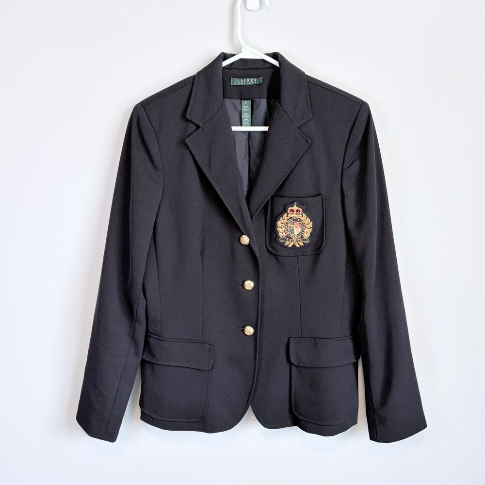 Lauren Ralph Lauren VTG Wool Crest Blazer Gold Button Preppy 90s Black Size 10 - Picture 2 of 16